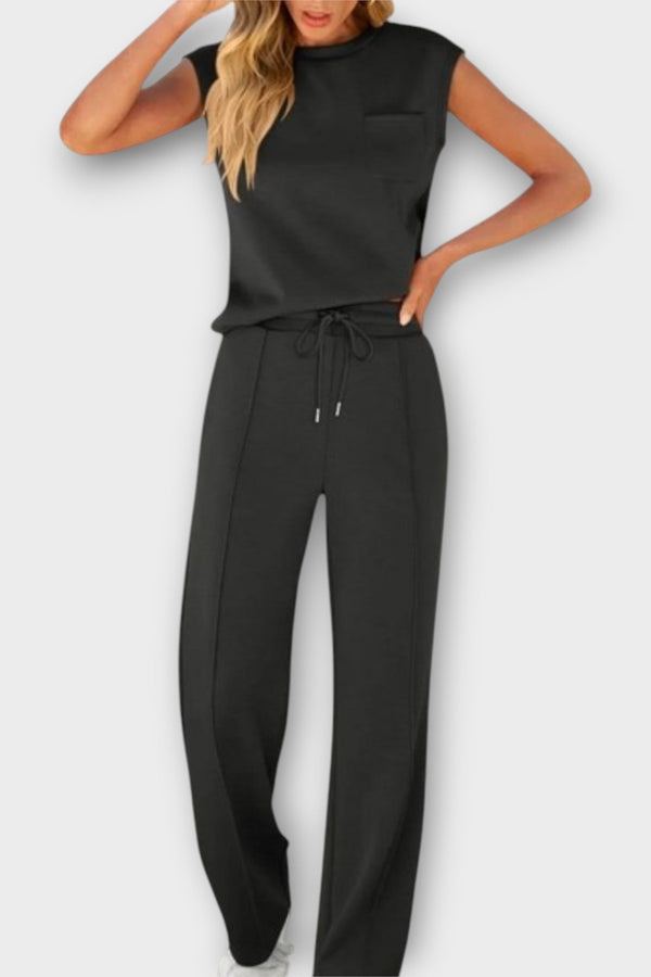 Ensemble blouse sans manches et pantalon avec cordon de serrage