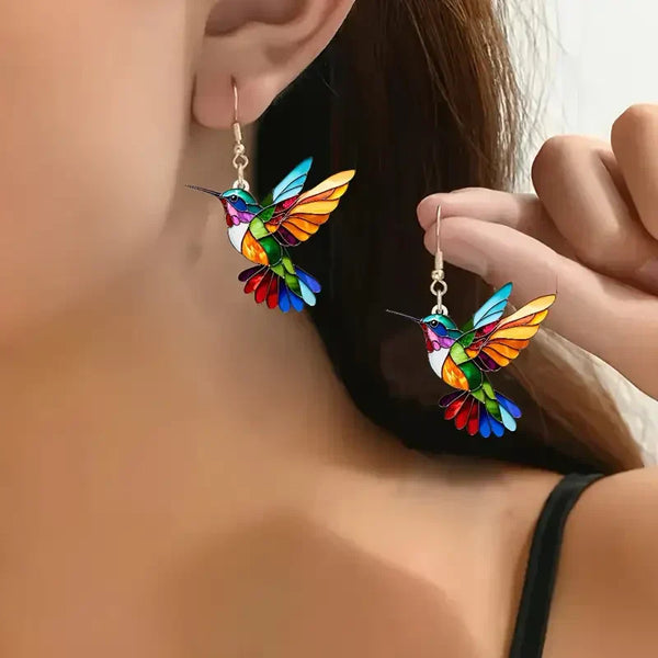 Boucles d'oreilles colibri colorées | Or blanc