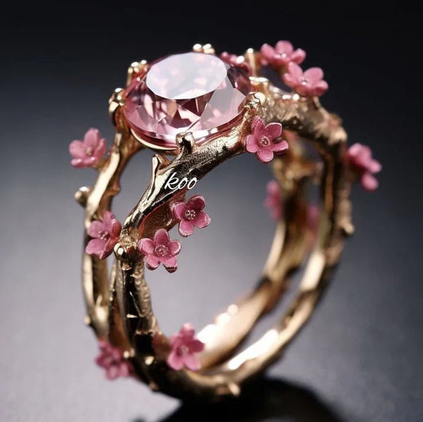 Bague Élégante Fleur Rose en Cristal | Or