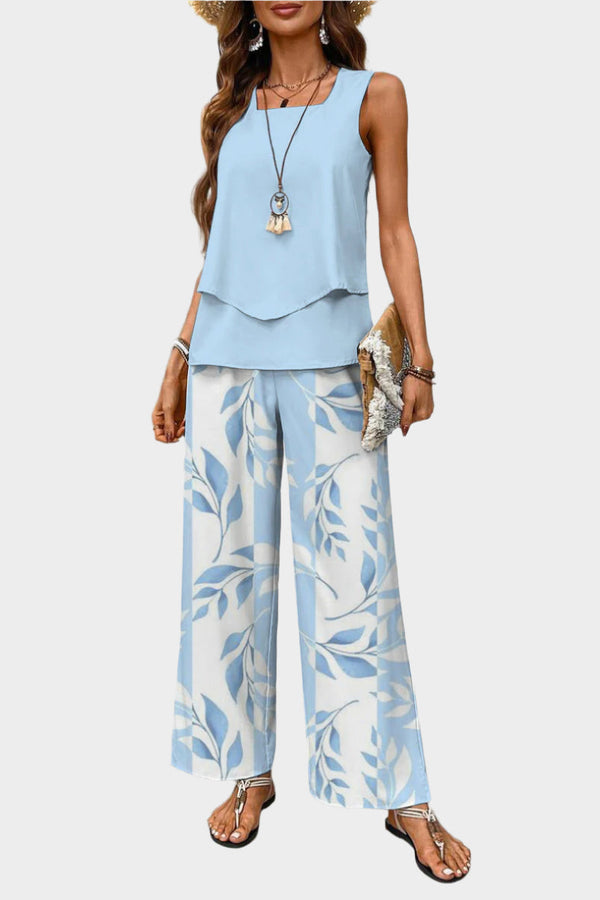 Ensemble d'été avec haut sans manches et pantalon à imprimé feuilles
