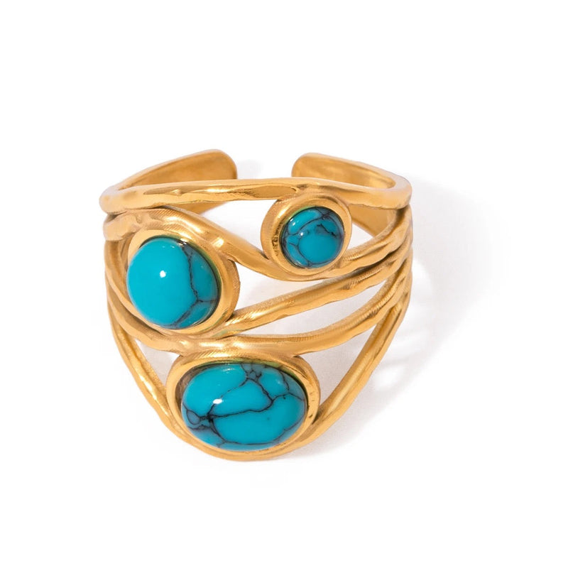 Bague œil de tigre bleue géométrique