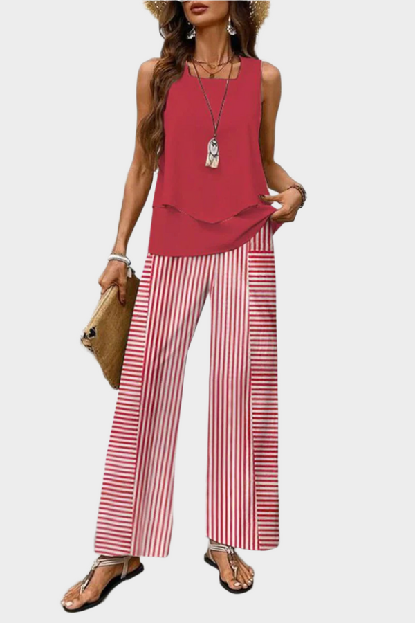 Ensemble d'été avec haut sans manches et pantalon à imprimé feuilles