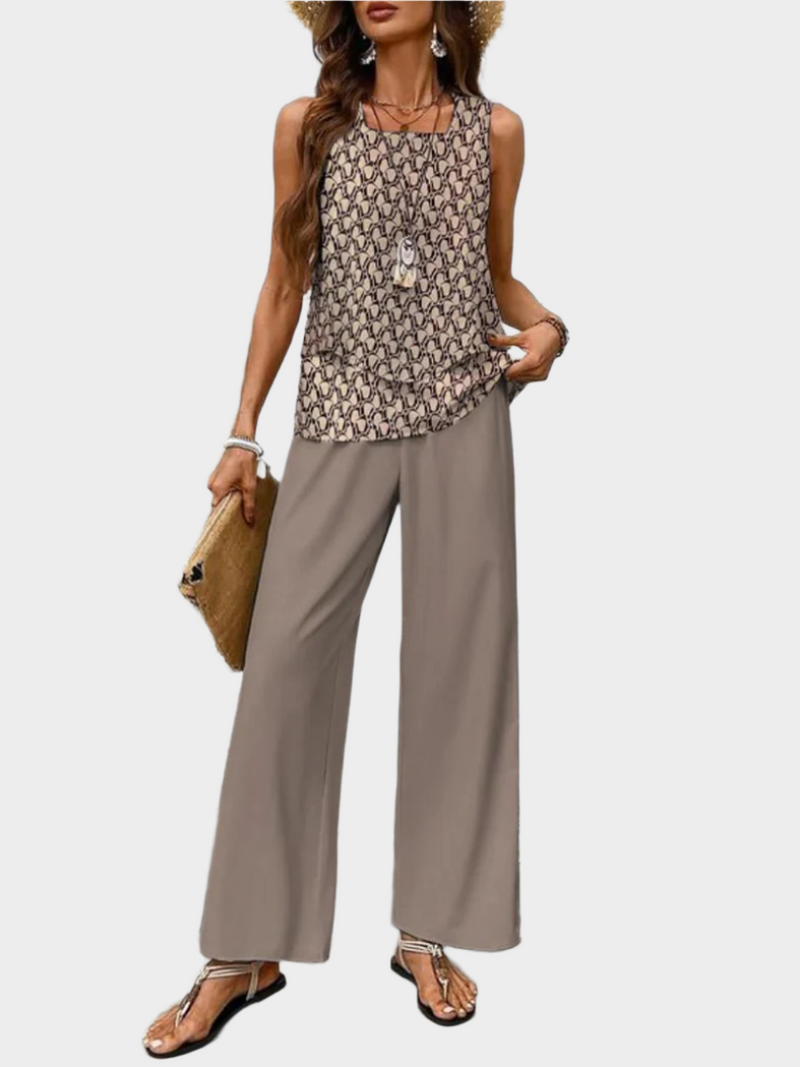Ensemble d'été avec haut sans manches et pantalon à imprimé feuilles