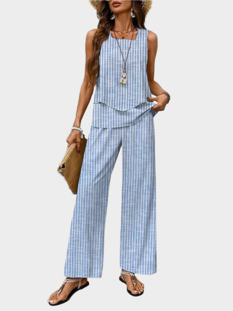 Ensemble d'été avec haut sans manches et pantalon à imprimé feuilles