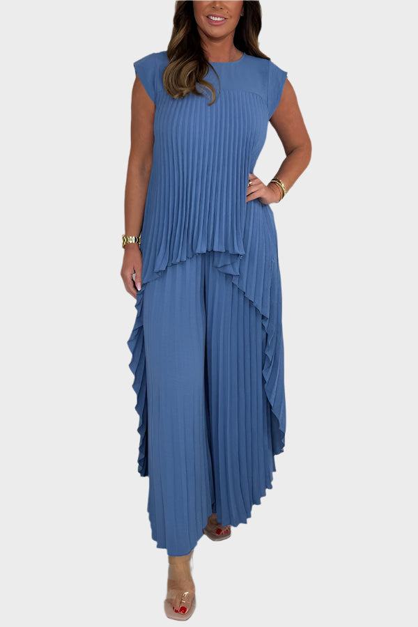 Ensemble haut plissé avec manches courtes et longueur midi irrégulière, pantalon à jambes larges avec taille élastique