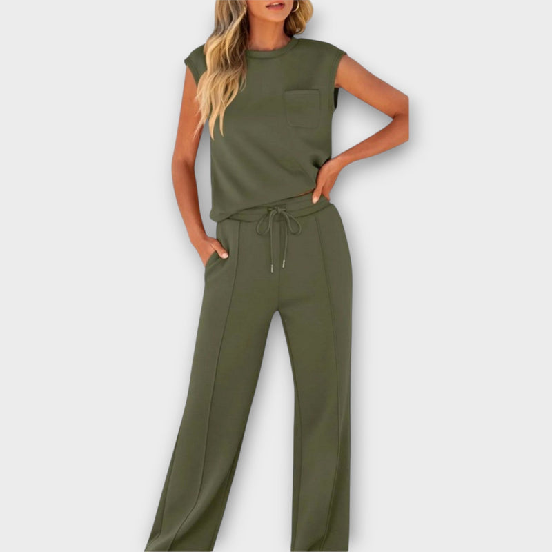 Ensemble blouse sans manches et pantalon avec cordon de serrage