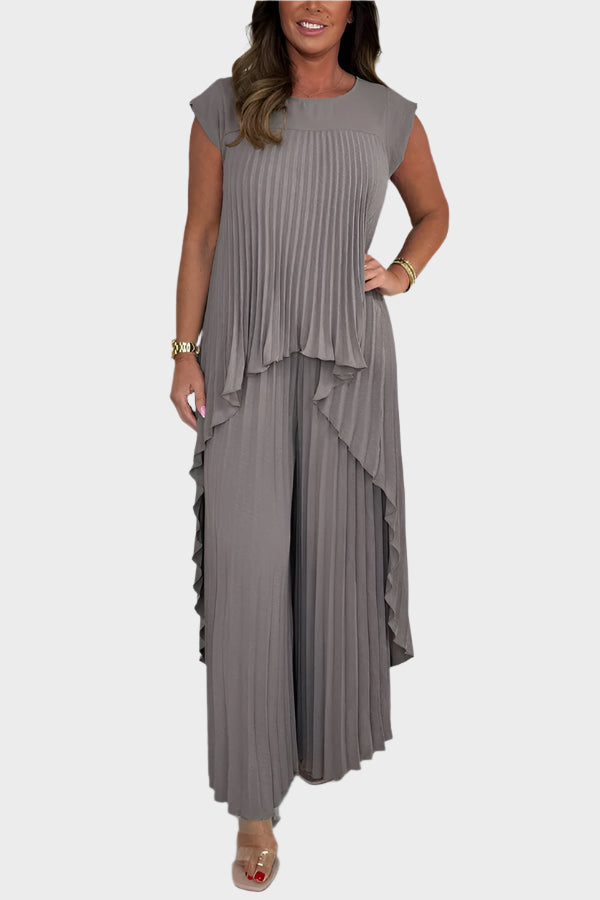 Ensemble haut plissé avec manches courtes et longueur midi irrégulière, pantalon à jambes larges avec taille élastique