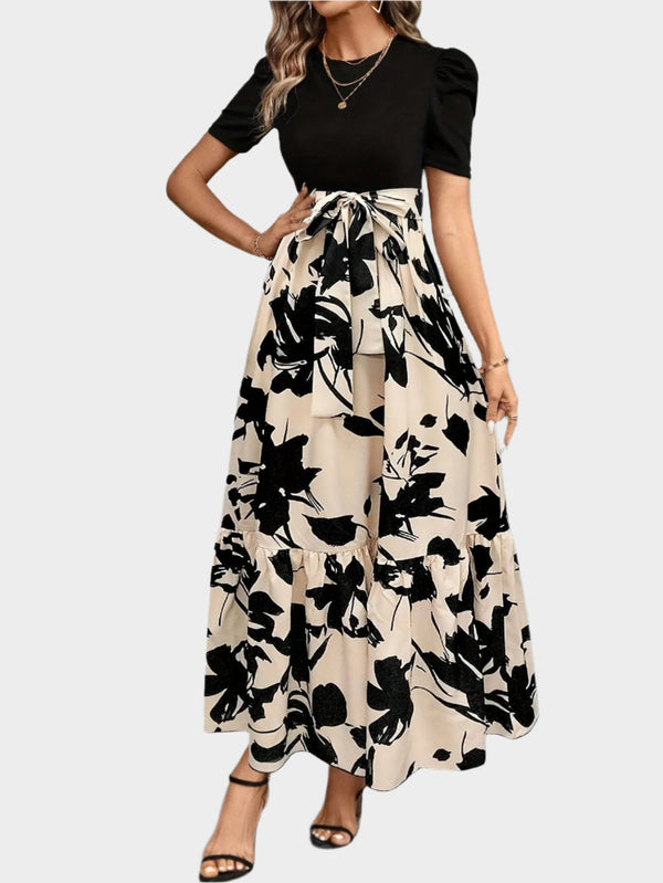 Robe fleurie avec taille haute et motifs rayés