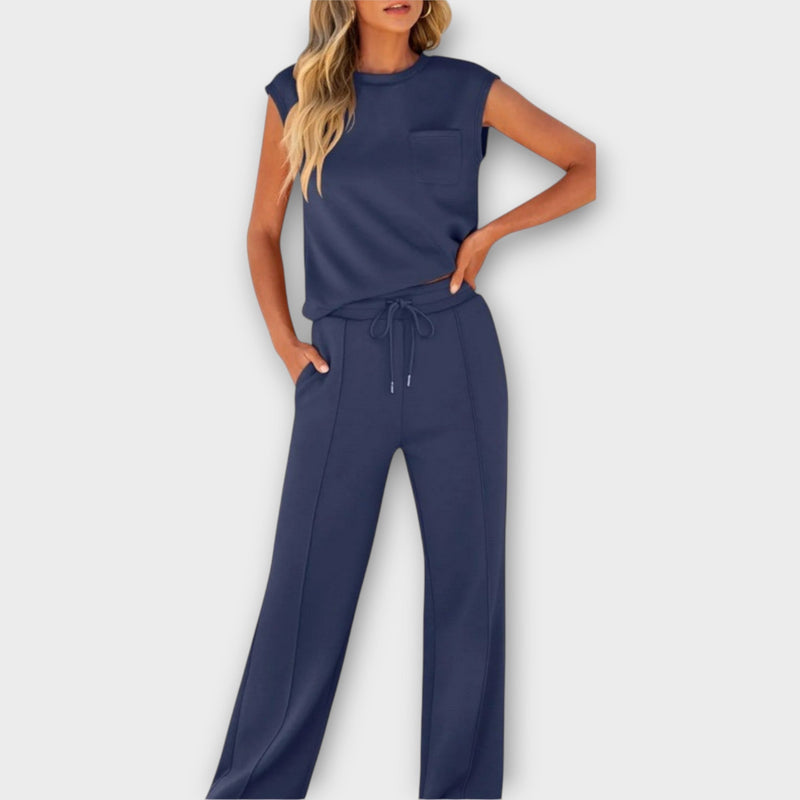 Ensemble blouse sans manches et pantalon avec cordon de serrage