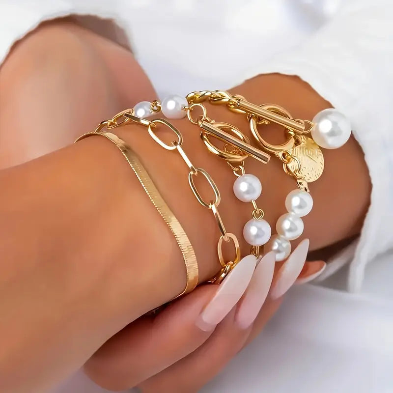 Ensemble de 4 bracelets chic en or – Serpent, perles et maillons | Or