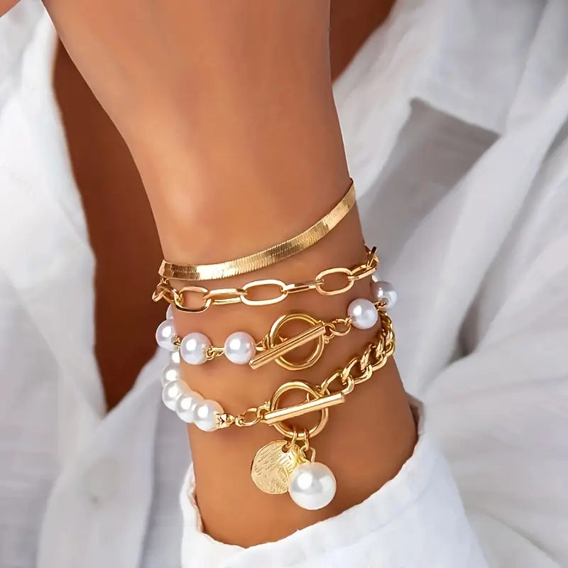 Ensemble de 4 bracelets chic en or – Serpent, perles et maillons | Or