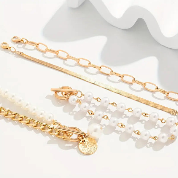 Ensemble de 4 bracelets chic en or – Serpent, perles et maillons | Or