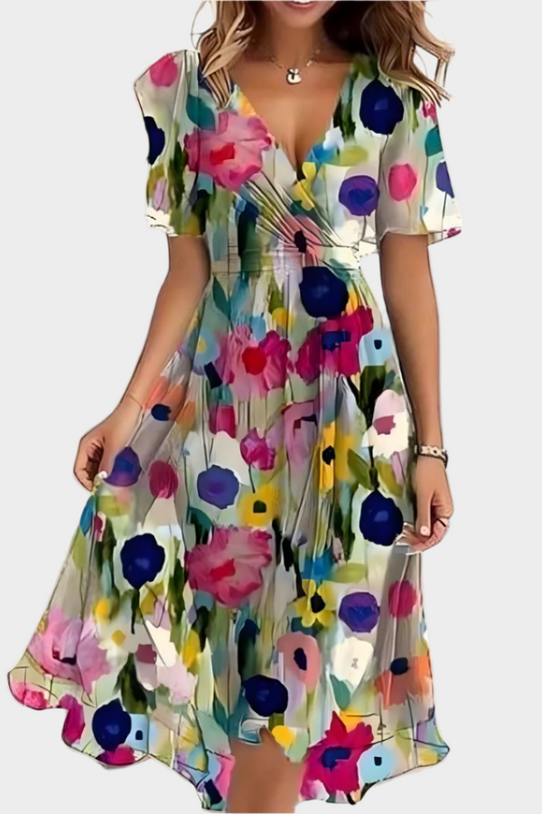 Robe aérienne avec motif floral et col en V