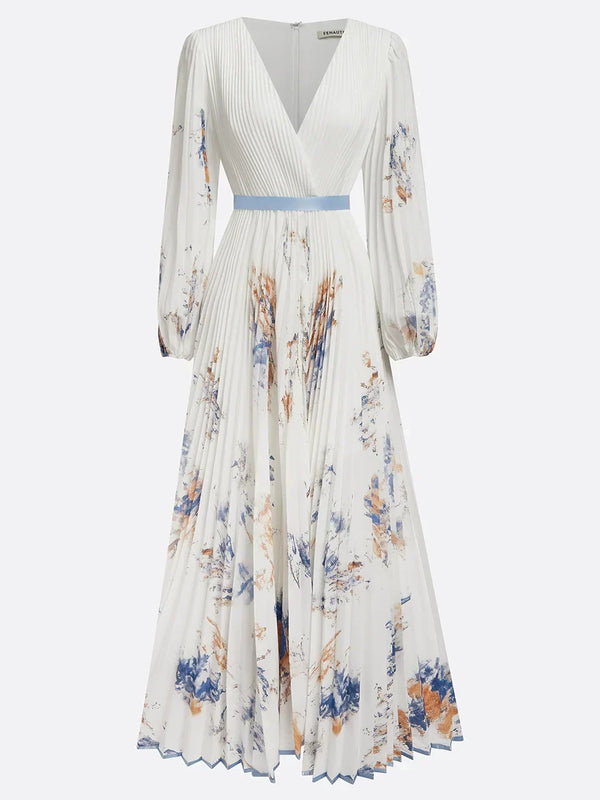 Robe longue avec manches bouffantes et col en V