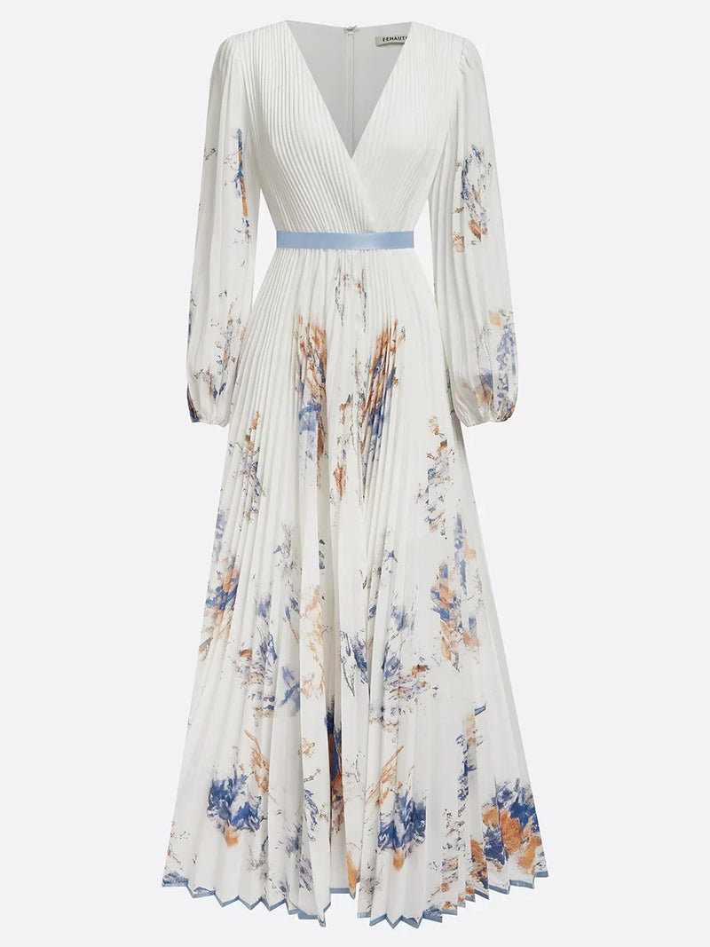 Robe longue avec manches bouffantes et col en V