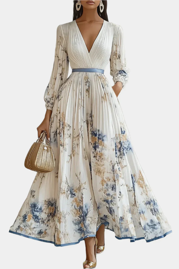 Robe longue avec manches bouffantes et col en V