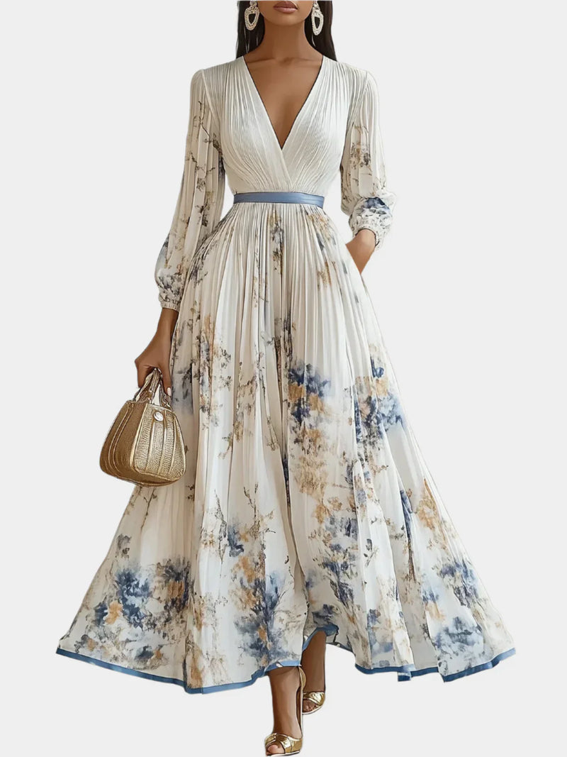 Robe longue avec manches bouffantes et col en V