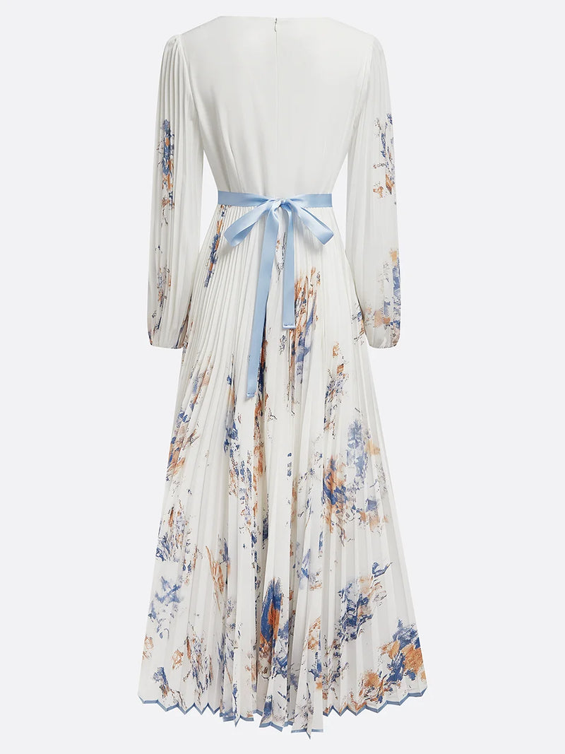 Robe longue avec manches bouffantes et col en V