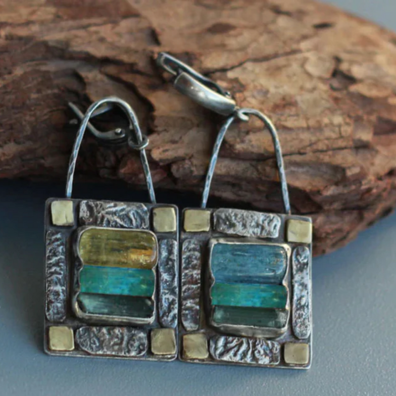 BOUCLES D'OREILLES PIERRE DE CRISTAL BLEU VERT