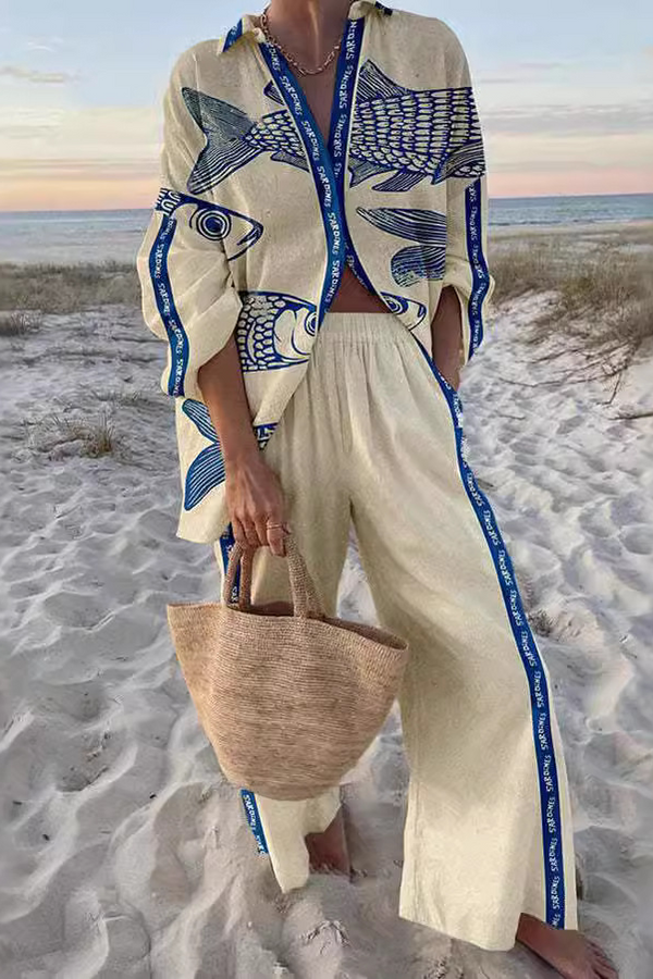 Yazette™ | Ensemble en lin à motif poisson bleu