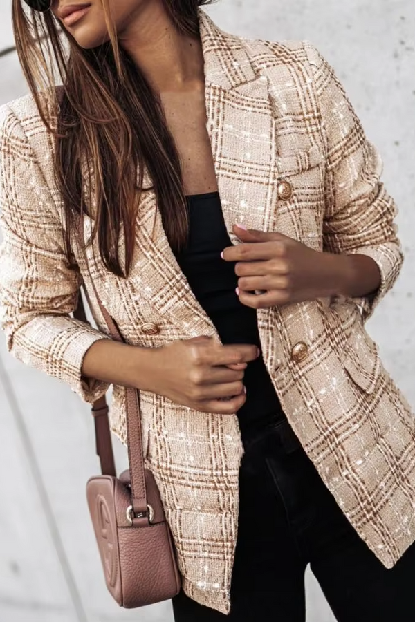 Avery™ - Blazer Print à Carreaux Moderne à Double Boutonnage pour le Printemps