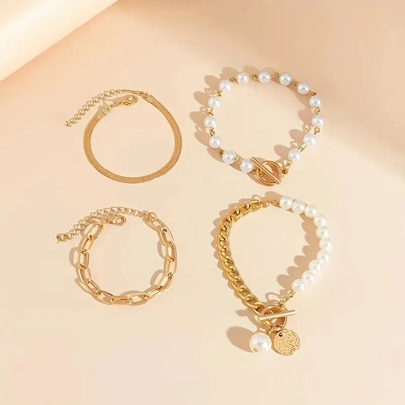 Ensemble de 4 bracelets chic en or – Serpent, perles et maillons | Or