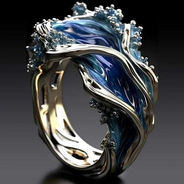 Bague antique océan dorée ondulée | Or blanc
