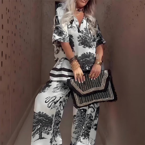 Haut imprimé avec col en V + pantalon long